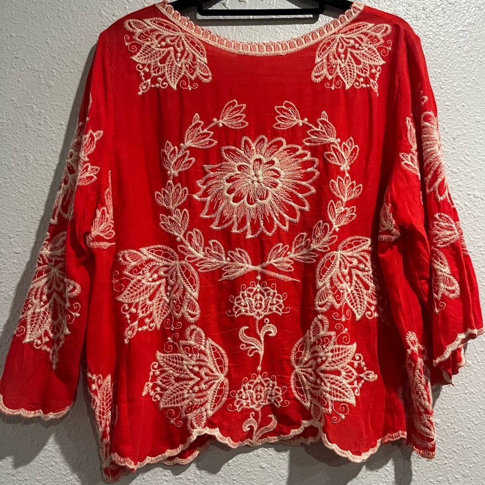Solitaire Embroidered Bright orange Top Size L Scalloped Boxy Boho. - Picture 2 of 10